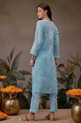 Hand embroidered blue cotton lucknowi chikankari co-ord set