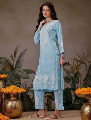 Hand embroidered blue cotton lucknowi chikankari co-ord set 3