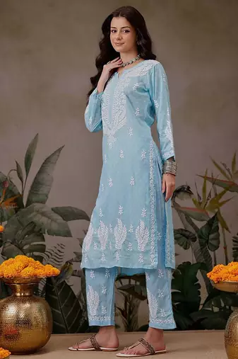 Hand embroidered blue cotton lucknowi chikankari co-ord set