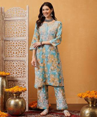 Hand embroidered floral printed firozi and peach cotton lucknowi chikankari co-ord set 1