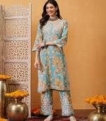 Hand embroidered floral printed firozi and peach cotton lucknowi chikankari co-ord set