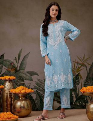 Hand embroidered blue cotton lucknowi chikankari co-ord set 4