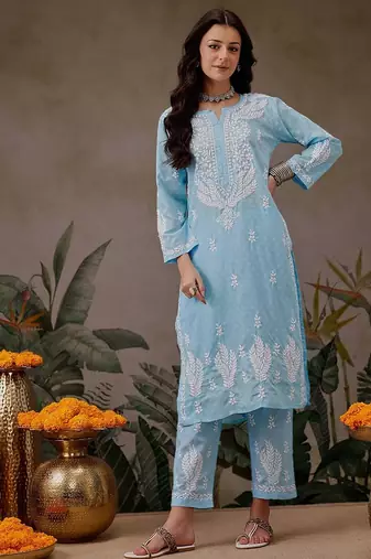 Hand embroidered blue cotton lucknowi chikankari co-ord set