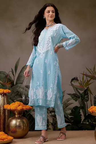 Hand embroidered blue cotton lucknowi chikankari co-ord set
