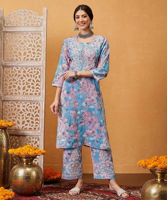 Hand embroidered floral printed blue and pink cotton lucknowi chikankari co-ord set 1