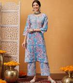 Hand embroidered floral printed blue and pink cotton lucknowi chikankari co-ord set