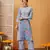 Hand embroidered floral printed blue and pink cotton lucknowi chikankari co-ord set