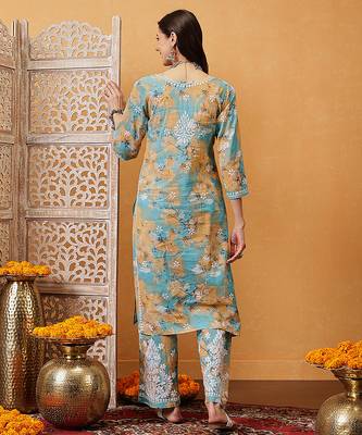 Hand embroidered floral printed firozi and peach cotton lucknowi chikankari co-ord set 2