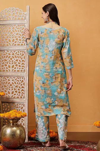 Hand embroidered floral printed firozi and peach cotton lucknowi chikankari co-ord set