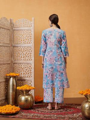 Hand embroidered floral printed blue and pink cotton lucknowi chikankari co-ord set 2