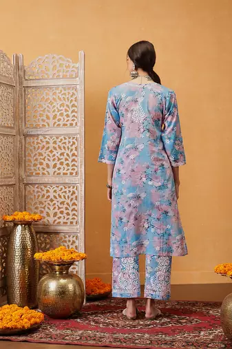 Hand embroidered floral printed blue and pink cotton lucknowi chikankari co-ord set