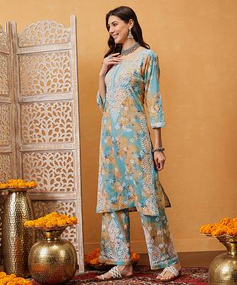 Hand embroidered floral printed firozi and peach cotton lucknowi chikankari co-ord set 3