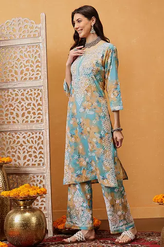 Hand embroidered floral printed firozi and peach cotton lucknowi chikankari co-ord set