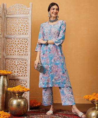 Hand embroidered floral printed blue and pink cotton lucknowi chikankari co-ord set 3