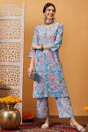 Hand embroidered floral printed blue and pink cotton lucknowi chikankari co-ord set