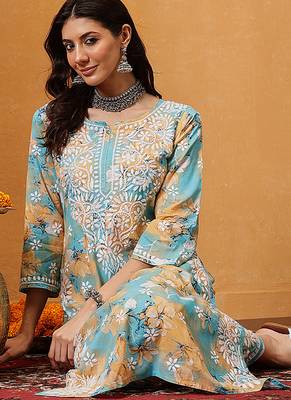 Hand embroidered floral printed firozi and peach cotton lucknowi chikankari co-ord set 4