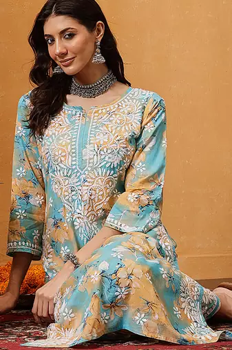 Hand embroidered floral printed firozi and peach cotton lucknowi chikankari co-ord set