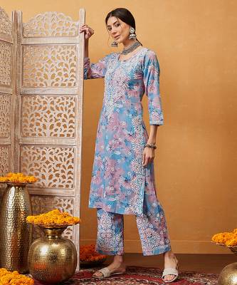 Hand embroidered floral printed blue and pink cotton lucknowi chikankari co-ord set 4