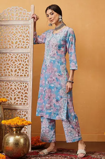 Hand embroidered floral printed blue and pink cotton lucknowi chikankari co-ord set