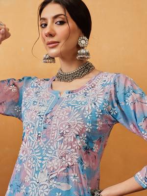 Hand embroidered floral printed blue and pink cotton lucknowi chikankari co-ord set 5