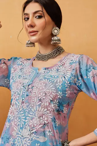 Hand embroidered floral printed blue and pink cotton lucknowi chikankari co-ord set