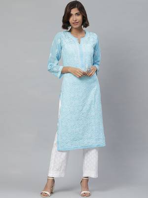 Hand embroidered blue georgette lucknowi chikankari kurta with palazzo 1