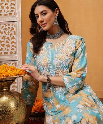 Hand embroidered floral printed firozi and peach cotton lucknowi chikankari co-ord set 5