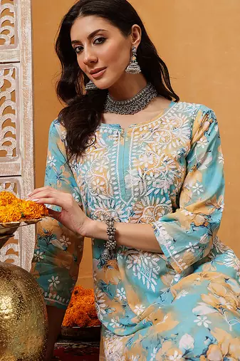 Hand embroidered floral printed firozi and peach cotton lucknowi chikankari co-ord set