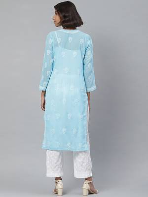 Hand embroidered blue georgette lucknowi chikankari kurta with palazzo 2