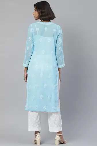 Hand embroidered blue georgette lucknowi chikankari kurta with palazzo
