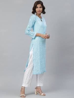 Hand embroidered blue georgette lucknowi chikankari kurta with palazzo 3