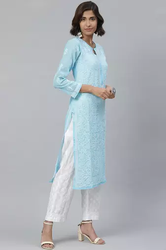 Hand embroidered blue georgette lucknowi chikankari kurta with palazzo