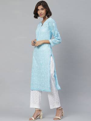 Hand embroidered blue georgette lucknowi chikankari kurta with palazzo 4
