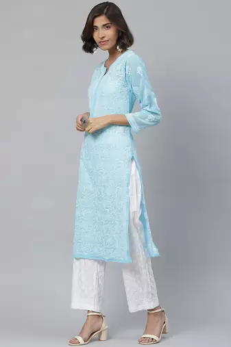 Hand embroidered blue georgette lucknowi chikankari kurta with palazzo