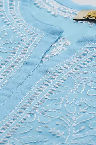 Hand embroidered blue georgette lucknowi chikankari kurta with palazzo