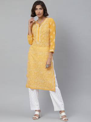 Hand embroidered mustard georgette lucknowi chikankari straight kurta with palazzo 1