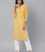 Hand embroidered mustard georgette lucknowi chikankari straight kurta with palazzo