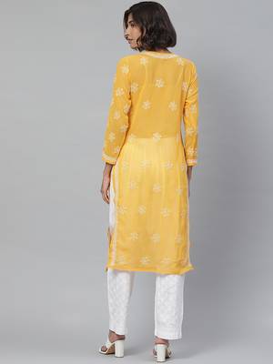 Hand embroidered mustard georgette lucknowi chikankari straight kurta with palazzo 2