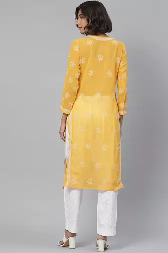 Hand embroidered mustard georgette lucknowi chikankari straight kurta with palazzo