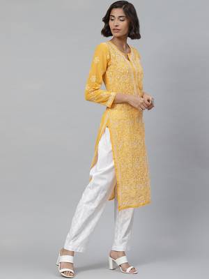 Hand embroidered mustard georgette lucknowi chikankari straight kurta with palazzo 3