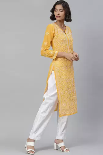 Hand embroidered mustard georgette lucknowi chikankari straight kurta with palazzo