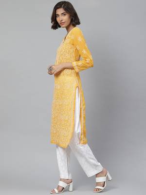 Hand embroidered mustard georgette lucknowi chikankari straight kurta with palazzo 4