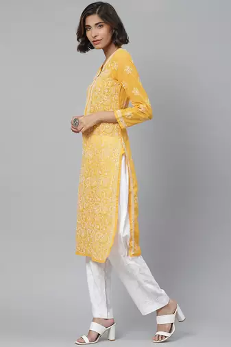 Hand embroidered mustard georgette lucknowi chikankari straight kurta with palazzo