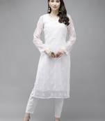 Hand embroidered white georgette lucknowi chikankari kurta set with slip