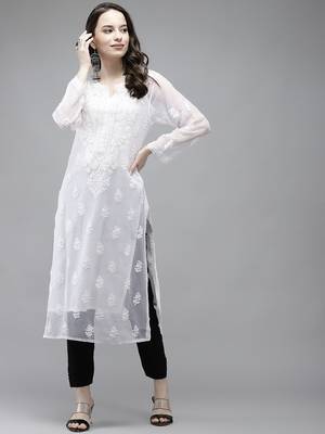 Hand embroidered white georgette lucknowi chikankari kurta set with slip 1