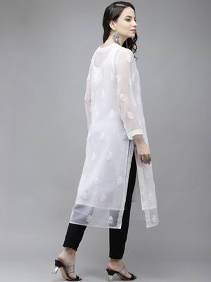 Hand embroidered white georgette lucknowi chikankari kurta set with slip 2