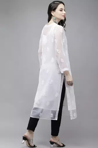 Hand embroidered white georgette lucknowi chikankari kurta set with slip