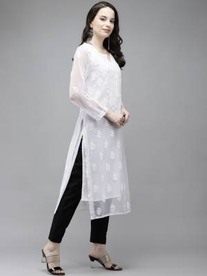 Hand embroidered white georgette lucknowi chikankari kurta set with slip 3