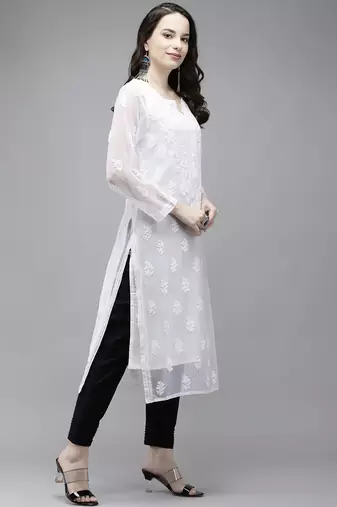 Hand embroidered white georgette lucknowi chikankari kurta set with slip