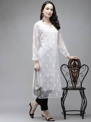 Hand embroidered white georgette lucknowi chikankari kurta set with slip 4